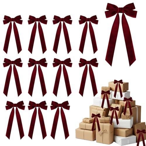 Lazos para árbol de Navidad, 12 Piezas de Lazos navideños con Purpurina, 22 x 13 cm de Terciopelo, para Decorar árboles, Puertas, Paredes o chimeneas