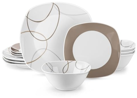 Service de vaisselle Service de table 12/24 pièces en porcelaine blanche avec lignes marron, assiettes céramique, service table/dessert/bol for 4/8 personnes(12 Piece)