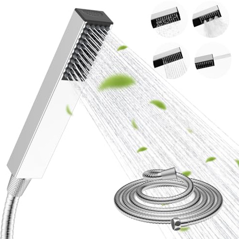 Hibbent 4-Setting Stainless Handheld Shower Head with 1.5m Stainless Steel Hose, 4 Spray Modes(Water Saving/Power Mist/Rain Spray/Power Wash), Easy Installation, Chrome, G1/2 Fit