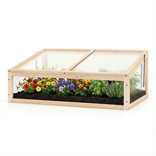 FANTASK Frühbeet Gewächshaus, 94 x 63 x 40 cm, Frühbeete Hochbeete mit Abdeckung, mini Gewächshaus, Treibhaus, Frühbeetkasten Aufsatz für Garten, Terrasse & Balkon (Natur)