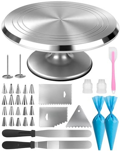 Tårttallrik, roterbar, 30 cm av aluminium, tårttallrik, med 360° rotation, tårttillbehör, set med spritstyllar, tårtdekoration, set, kakverktyg, tårtskiva, tårttallrik, vridbar tårttallrik för