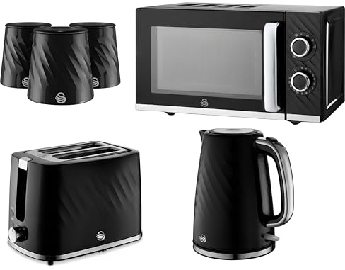 Swan Windsor Black 6 Piece Kitchen Appliance & Storage Set – 1.7L 3KW Kettle, 2 Slice Toaster, 20L 800W Microwave & Canisters Bundle Set – Textured Gloss Finish with Chrome Accents