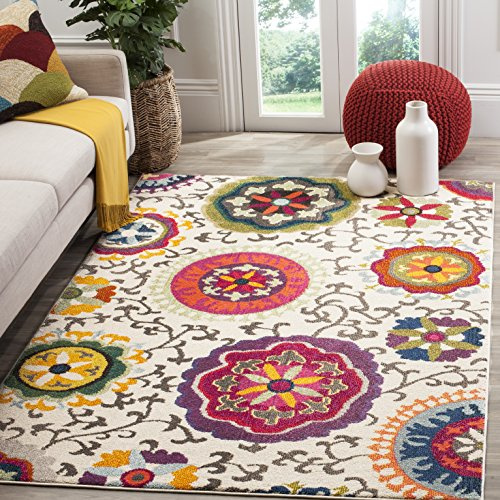 SAFAVIEH Boho Teppich für Wohnzimmer, Esszimmer, Schlafzimmer - Monaco Collection, Kurzer Flor, Elfenbein und Multi, 122 X 170 cm