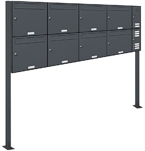 AL Briefkastensysteme 8er Standbriefkasten Anthrazitgrau RAL 7016 mit Klingel als 8 Fach Briefkastenanlage in Postkasten Briefkasten Design modern