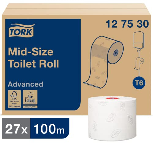 Tork 127530 weiches Midi Toilettenpapier in Advanced Qualität für Tork T6 Toilettenpapier Doppelrollenspender / 2-lagiges WC-Papier weich und reißfest, 27er Pack (27 x 100 Meter)