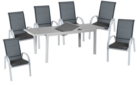 MERXX 7tlg. Amalfi Set, 6 Amalfi Stapelsessel, 1 Ausziehtisch, 160 (220) x 90 cm, schwarz