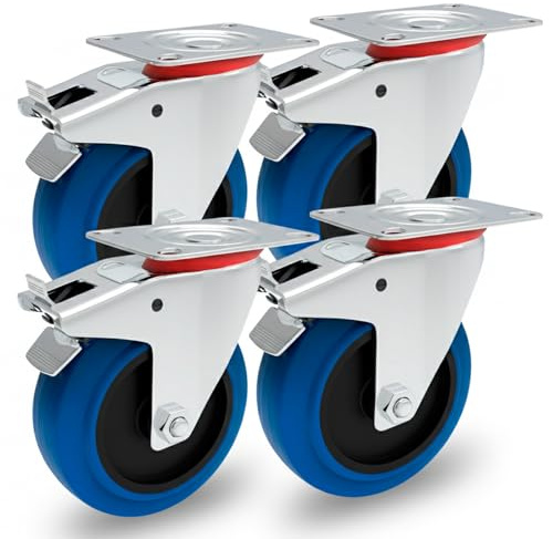 PRIOstahl Transportrollen 100mm Set Lenkrollen mit Bremse 4 Stück Blau Schwerlastrollen Möbelrollen Blue Wheels Industrierollen Spurlos Abrollend