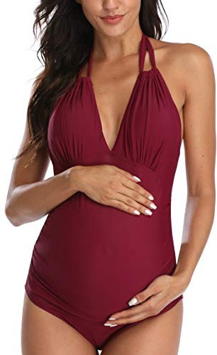 EastElegant Costumi da Bagno Premaman Un Pezzo V-Collo Gravidanza Costumi da Bagno Halter Bikini Premaman, Vino Rosso, XS