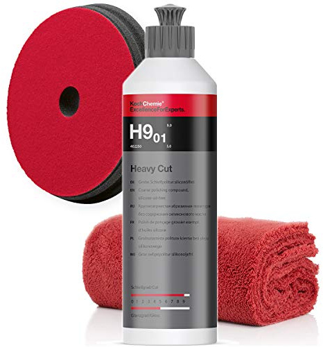 Koch Chemie - Juego de Abrillantador H9.02 + Heavy Cut Pad 150 x 23 mm, Paño de Microfibra 550 g/m², 40 x 40 cm