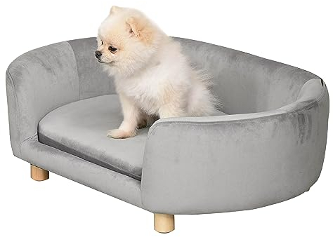 PawHut Haustiersofa Hundesofa Hundebett mit Holländischer Samt Schaumstoff Birke Bein für Katzen Hunde 86 x 55 x 33 cm Hellgrau