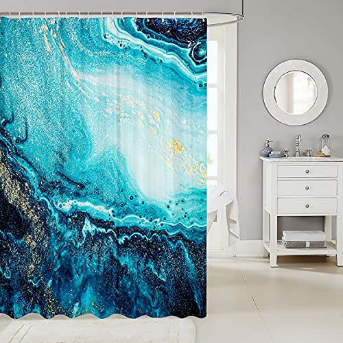 Luxus abstrakte Stoff Duschvorhang - moderne blaue und goldene Marmor Kunst Malerei Badezimmer Duschvorhang Sets Tinte flüssige Marmor Textur wasserdichte Bad Vorhang (180x210 (BxL), blaugrün weiß)