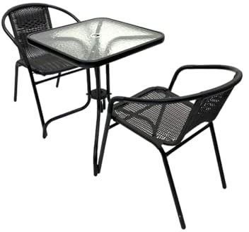 Black Rattan Garden Furniture Set - 2 x Chairs & 1 Square Glass Table, Rattan Garden Furniture, Patio Furniture Sets, Balcony Furniture