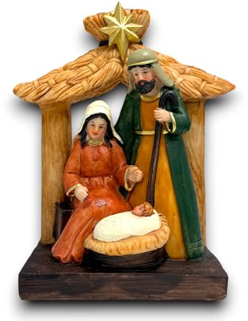 KORAT Natività in Resina con Capanna Effetto Legno 15x7x13 cm – Presepe Natalizio Classico con Sacra Famiglia e Gesù Bambino – Decorazione Natalizia Artigianale Dipinta a Mano, Ideale per Casa o Regal