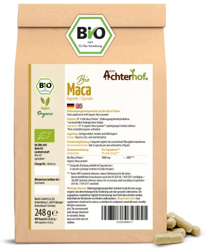 Capsule di Maca bio 400 pezzi | confezione di ricarica | altamente dosate con 3000 mg di polvere di Maca per dose giornaliera | vegane | 100% pura radice di Maca dal Perù | vom Achterhof