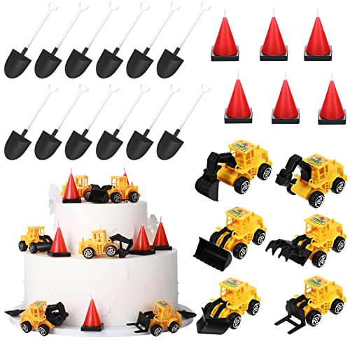 Yerliker 24 Pcs Construction Party Decoration Set Construction Cone Shaped Cake Candles 6 Truck Excavator Cake Toppers 12 Plastic Shovel Shape Spoons for Kids Boy Birthday