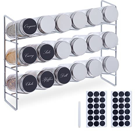 Relaxdays Gewürzregal mit 18 Gewürzgläsern, inkl. 36 Etiketten, Gewürzdosen zur Aufbewahrung, HBT: 22x29x9,5 cm, silber