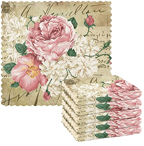 Mnsruu Confezione da 6 strofinacci per piatti, stile vintage, shabby chic, rosa, con fiori di rosa, assorbenti e riutilizzabili, lavabili e lavabili