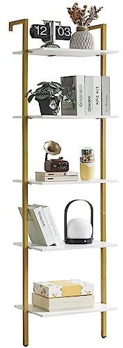YMYNY Leiterregal mit 5 Ebenen, Bücherregal, DIY Standregal, Regal aus Holz, Metallrahmen, Wandmontage, für Bücher, Dekoration, Pflantzen, für Wohnzimmer, Büro, Balkon, Weiß HBC015W