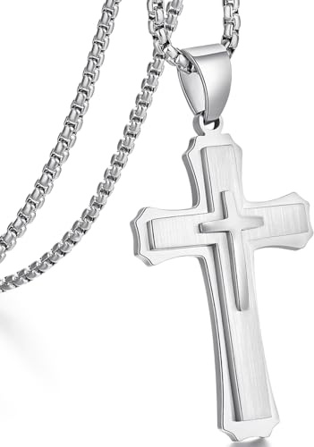 jiamiaoi Kreuz Kette Herren Kreuz Kette Silber Farben Kruzifix Halskette Edelstahl für Herren Damen Anhänger Kruzifix Schmuck 22'' Ketten