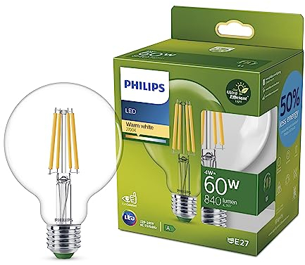 Philips LED Classic ultraeffiziente E27 Lampe in Globe-Form (60 W), LED Lampe mit warmweißem Licht, energiesparende Lampe mit langer Nutzlebensdauer, Energieeffizienzklasse A