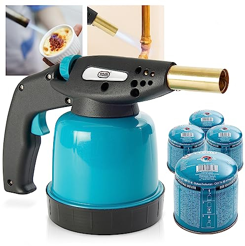 TOM Gas-Lötbrenner im Set – inkl. 4 x 190 g Universal Gaskartuschen – 1300°C – Lötlampe zum Weich- oder Hartlöten – Piezozündung – Bunsenbrenner Gasbrenner (Lötbrenner mit 4 Gaskartuschen)