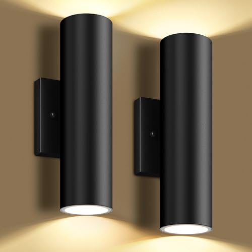 GoBright Outdoor Wall Lights, 12W 3000K Integrated LED Cylinder Up Down Lights, 1200LM Super Bright Waterproof Exterior Wall Sconce, 2-Pack Modern Black Outside Wall Lantern for Porch Patio Garage