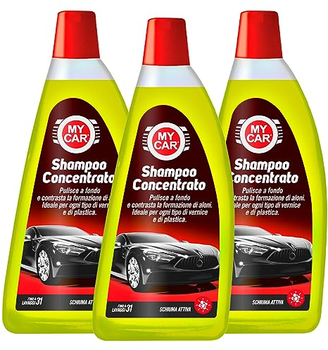 My Car Shampoo Auto Concentrato per Pulizia Profonda di Carrozzeria e Plastiche Lavaggio a Mano Formula a pH Neutro con Schiuma Attiva e Profumo al Limone Adatto a Tutte le Vernici - 3 Flaconi da 1L