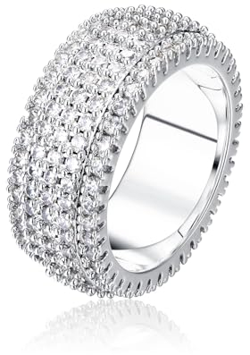 Dochais Ring für Herren Damen Personalisiert Breit Ringe 9mm mit Zirkonia Kristall Ring in 14K Vergoldet Glänzend Brandring Verlobungsring Antragsring Trauring (6, Silber)