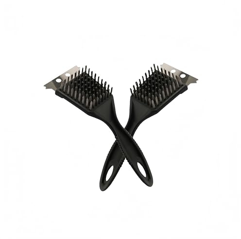 Spazzola per barbecue, 2 pezzi, in acciaio inox 3 in 1, con raschietto, spazzola per la pulizia della griglia con setole extra lunghe in acciaio inox e manico isolante termico in polipropilene