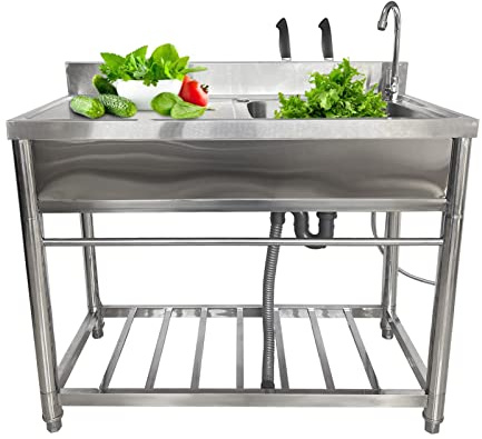 Kitchen Sink with Right Hand Platform Stainless Steel Utility Sink Professional Sink Single Bowl Sink Catering Sink Unit with Drainer Unit and Tap,Work Surface, for Bar Kitchen Restaurant