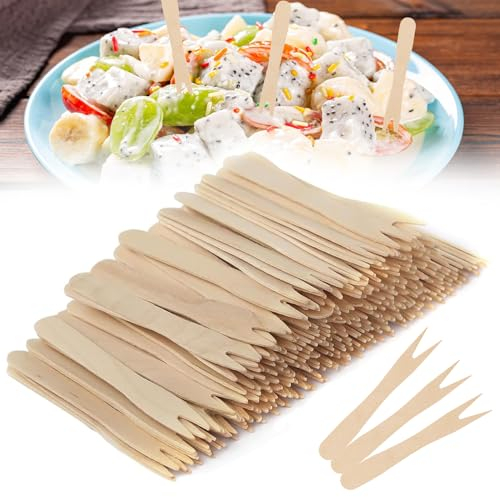 Pommesgabel Früchte Gabel Holz Pommes Besteck 200 Stück Holzbesteck Einweg für Partybesteck Geburtstag Camping und Picknick 85 mm (85mm)