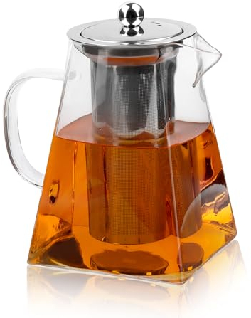 Théière Carrée en Verre avec Filtre en Acier Inoxydable, Idéal pour Le Thé et Le Café