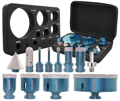 MINLAYCUT Fliesensäge Set - 12 Stück Diamantbohrer Set 6/6/8/20/25/35/50/68/110mm+50mm Fasenbohrer 20mm Fräsbohrer und Adapter für Porzellan Keramik Fliesen Granit Marmor