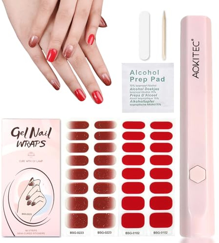 Aokitec Ongles Autocollants Adhésifs avec lumière UV, 32 pcs Ongles en Gel UV Semi Durci, Vernis Autocollant Ongles UV longue durée avec lampe UV pour nail art DIY, Rouge