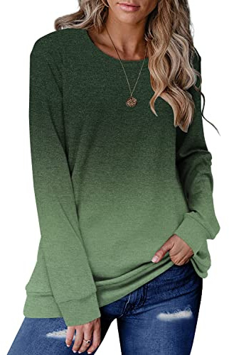 Magritta Långärmad tröja för kvinnor med rund hals T-shirt blus färgblock pullover toppar, C-gradvis gräs, 42 SE/44 SE