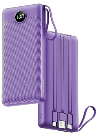 VRURC Power bank con Cavi Incorporati 20000mAh, PowerBank USB C a Ricarica Rapida da 22,5 W, Display LED Ricarica con 4 Uscite 2 Ingressi per iPhone 15/14/13/Pro,Android-Viola