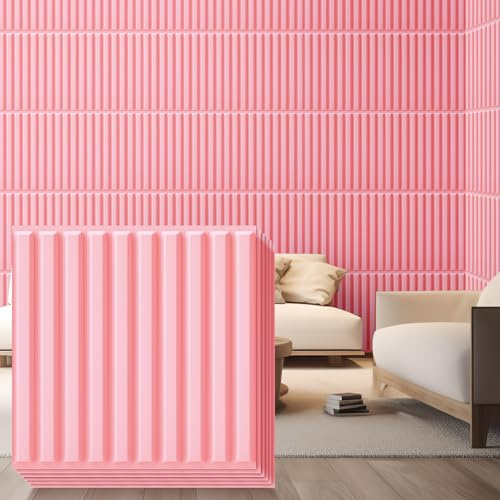 Nuanchu 32 Pcs 3D Slat Wall Panels, 12x12 PVC Fluted Wall Paneling for Interior Decor, Paintable Waterproof Textured Tiles for Living Room TV Background Gaming Room, 32 Sq. ft Coverage (Pink)