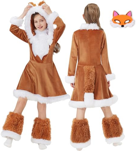 JONRRYIN Fuchs Kostüm Kinder, Fuchs Tier Kleid Set mit Fuch Ohren, Hut und Tail Accessoires, Tierkostüm für Mädchen Karneval Cosplay Faschingskostüme