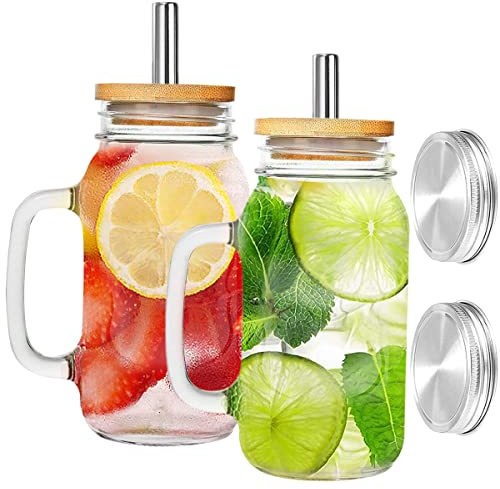 JETHMA Mason Jars with Lids and Straws,2 Set Iced Coffee Cup with Handles,24oz/700ml, Glass Mason Drinking Jars Bottles,Drinking Glasses Tumbler Reusable Cups