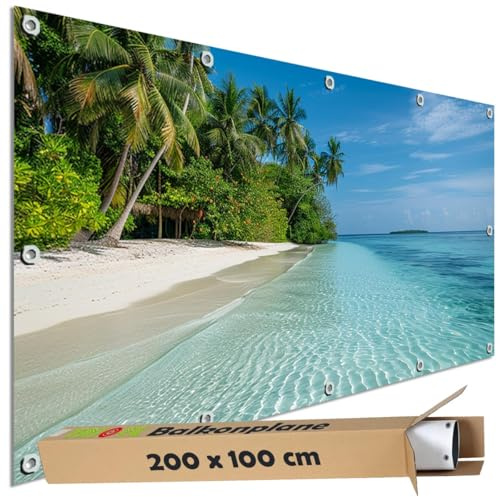 TRIOSK Sichtschutz Balkon Deko Plane Balkonblende Blickdicht mit Motiv Malediven Palmen Strand Hütte für Garten Terrasse Gartenzaun Balkonverkleidung Blickschutz PVC groß 200x100 cm