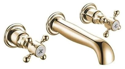 Churchwell | Wall Mounted Basin Mixer | Brushed Brass Finish | Traditional Style | Cross Handles (3 Tap Hole)