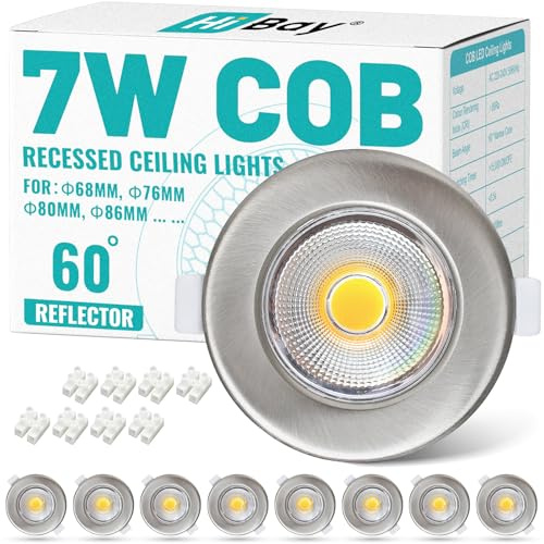 HiBay 8X Ultra Slim COB Downlights 7W Brushed Chrome Spot Lights Cool White Round LED Downlights for Kitchen, Living Room, Cutout Ø65-88mm, 240V 600LM