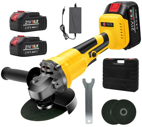 Amoladora Angular con Batería, Amoladora con Motor sin Escobillas, 125 mm, 23000 RPM, con 2 Baterías y Empuñadura Auxiliar, 2 Discos Abrasivos