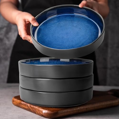 CSYY 4er Set Pastateller aus Keramik, 950ML Dunkelblau Handgefertigt Pasta Teller Set 22cm Pastaschüsseln Groß Keramik Salatschüsseln Tiefe Salatteller Mikrowelle & Spülmaschinenfest (Blau)