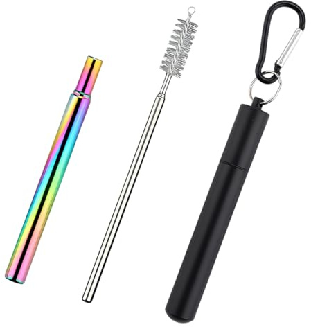 Pajitas Telescópicas de Acero Inoxidable, Portátiles Pajitas Telescópicas Reutilizables, Fácil de Limpiar, Longitud de hasta 23 cm, Cepillo de Limpieza/Estuche/Mosquetón