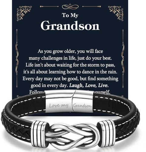 KORAS Leather Bracelet for Men Boys, Grandson Gift for Christmas Birthday Graduation Valentines Day, Black/Brown, Infinity Knot Design