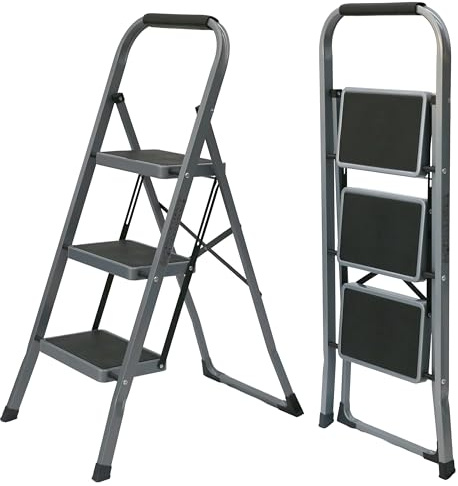 UZIRO Escalera Plegable 3 Peldaños -Estructura de Acero y Peldaño Antideslizante - Asa Superior de Goma - Escaleras Plegables Domésticas - Step Ladder para Hogar (Gris, 3 Peldaños)