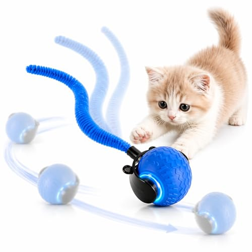 Gofady Katzenball Elektrisch Wiederaufladbar mit Powerball Katze - Interaktiver Spielball für Katzen 360°, Katzenspielzeug Ball Elektrisch mit USB & LED-Leuchten (Dunkelblau)