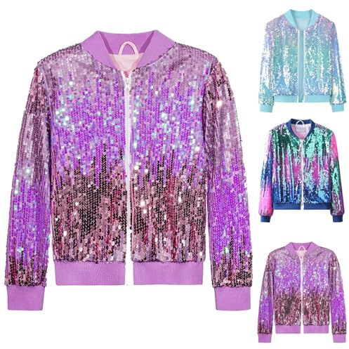 Girls Sequin Bomber Jacket Zipper Long Sleeve Sparkle Baseball Jackets Kids Flight Coats Glitter Shiny Party Club Night out Tops Boys Hip Hop Disco Birthday Outfit (Light Blue, 7-8 Years)