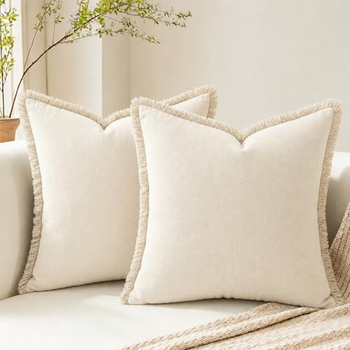 2 Stück Leinen Kissenbezug mit Fransen,45x45 cm Boho-Kissenbezug mit Quaste,Dekokissen Boho Sofakissen Kissenhülle,Kissenbezug Kordsamt,für Couch Sofa Schlafzimmer Wohnzimmer Heimdekoration